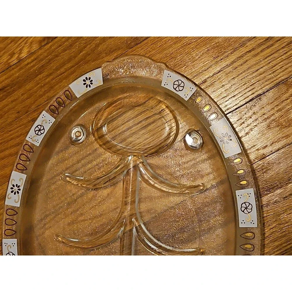 Vintage MCM Inland Glass Serving Dish Meat Platter Atomic Sputnik Floral Pattern